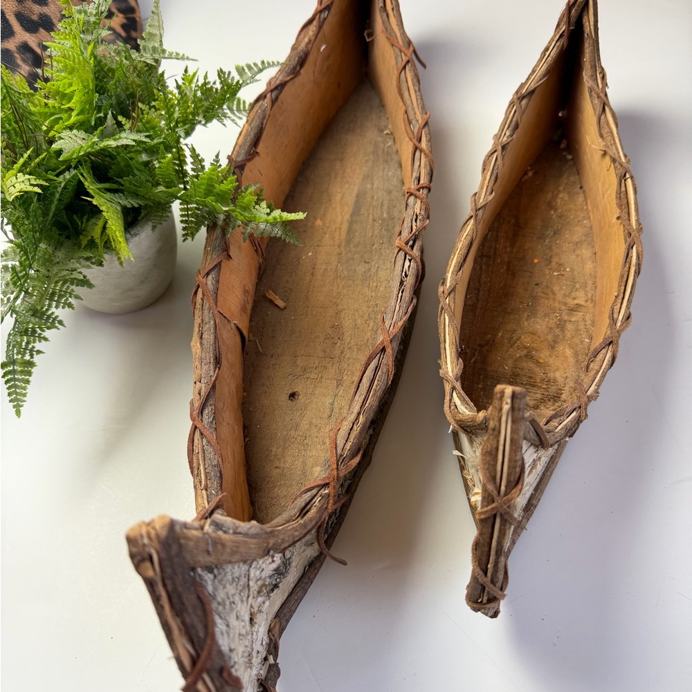 Two Rustic Birch Wood Decorative Canoes - Picture 3 of 14